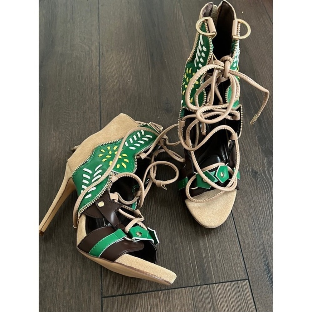 AKIRA Green, Tan & Brown Lace-Up High Heel Sandals